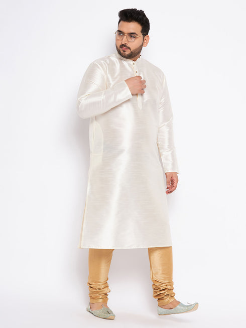 Men's Plus Size Cream Silk Blend Kurta Pyjama Set
