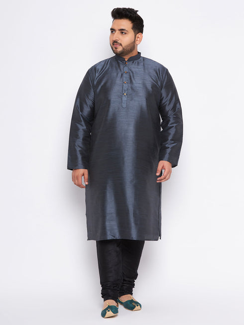 Men's Plus Size Grey Silk Blend Kurta Pyjama Set