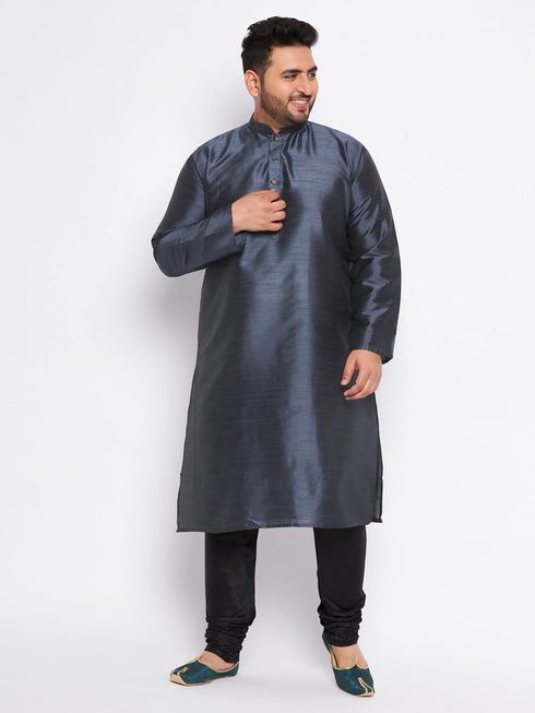 Men's Plus Size Grey Silk Blend Kurta Pyjama Set