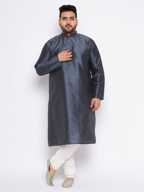Men's Plus Size Grey Silk Blend Kurta Pyjama Set