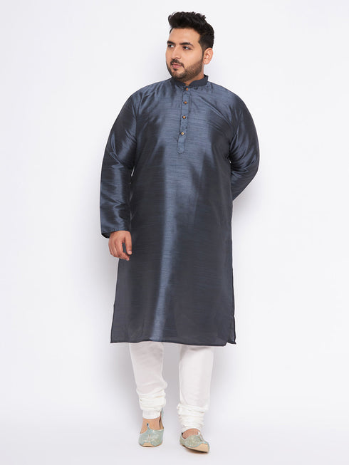 Men's Plus Size Grey Silk Blend Kurta Pyjama Set