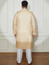 Plus Men's Beige And White Cotton Linen Kurta Pyjama Set