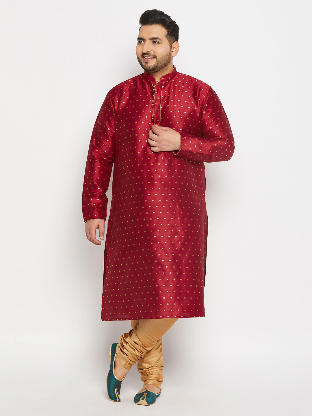 Men's Plus Size Maroon Zari Weaved Kurta