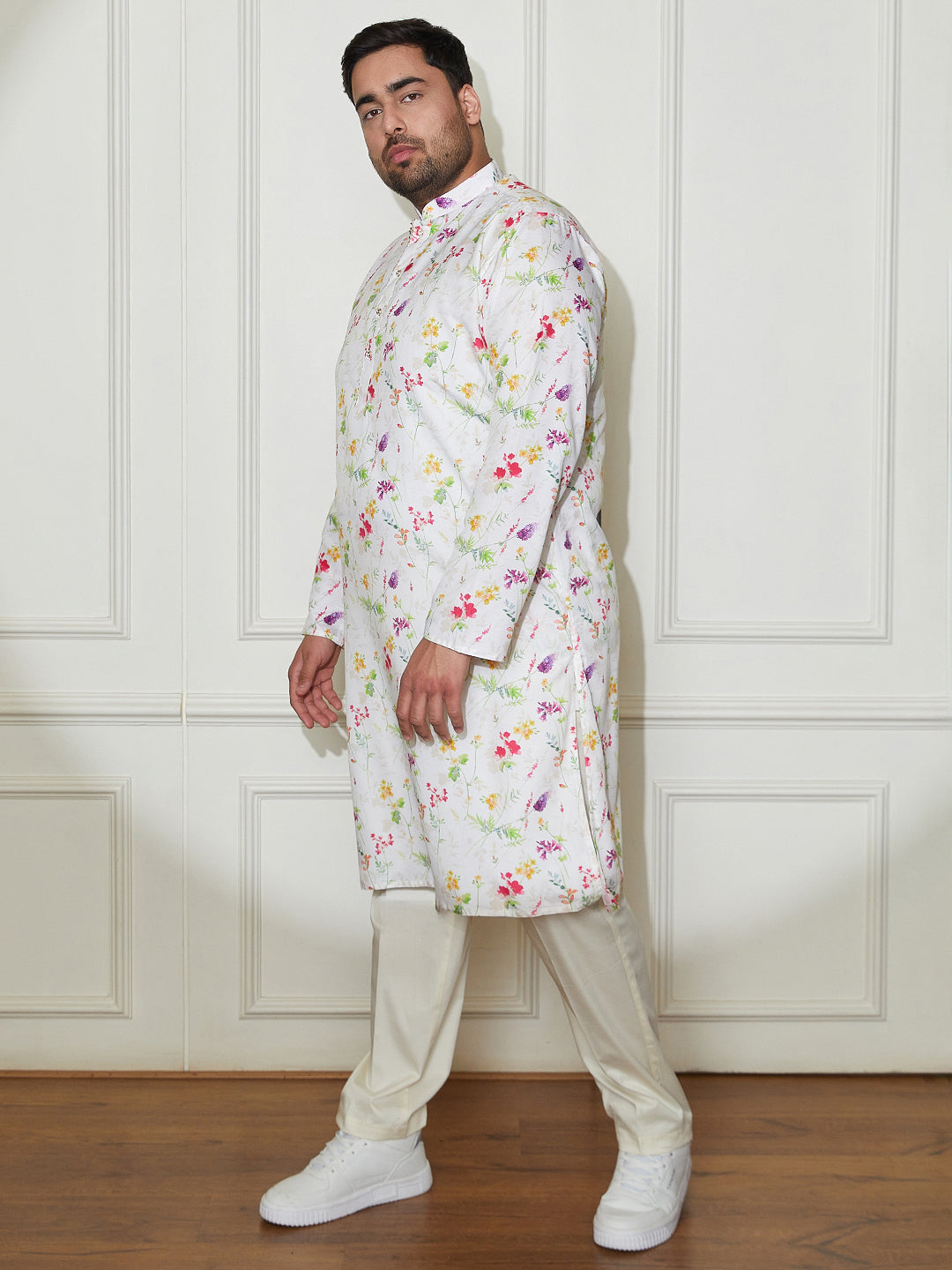 Plus Men's Cream Cotton Blend Kurta And Pyjama Set