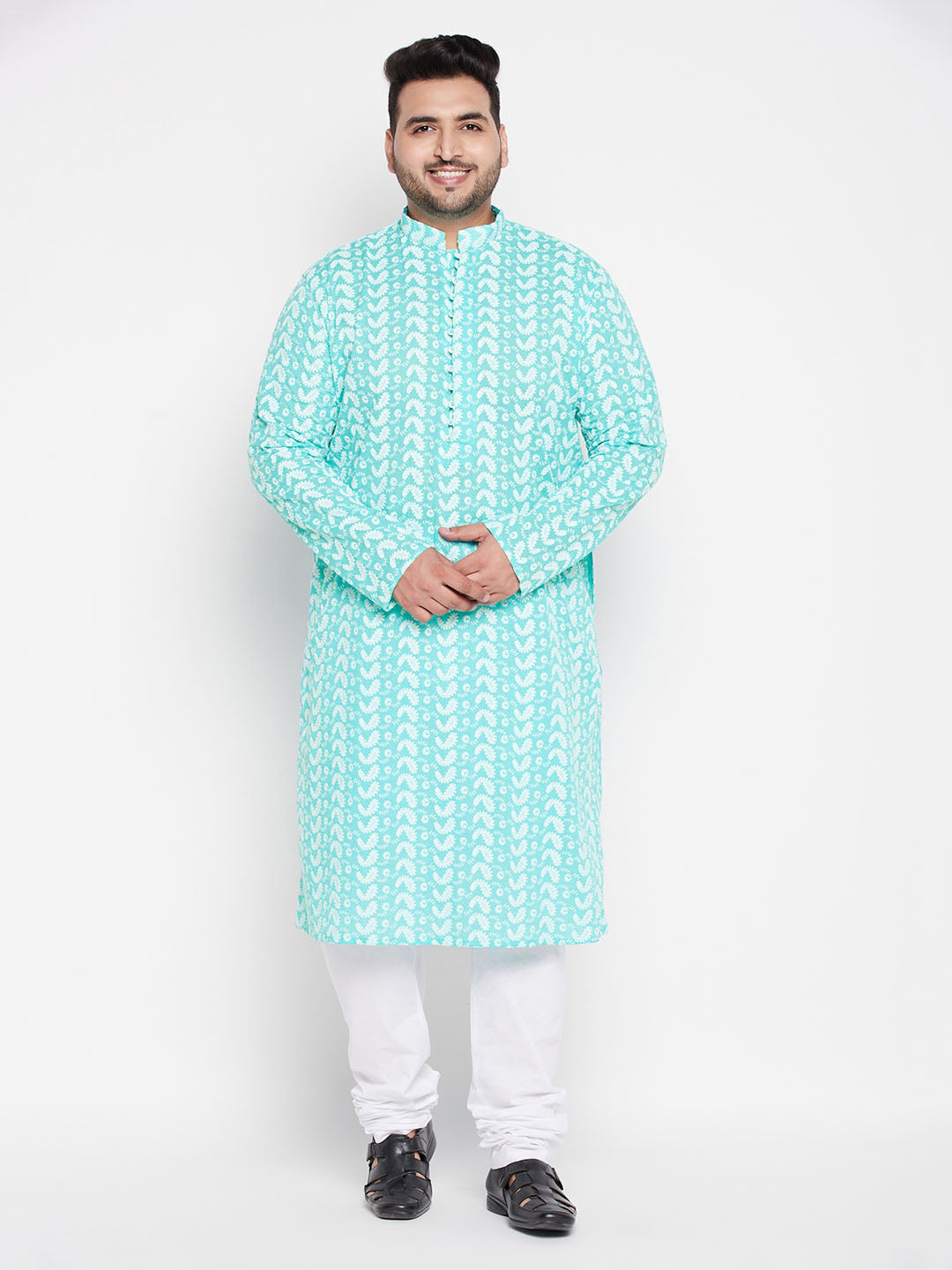 Men's Plus Size Green Chikankari Embroidered Kurta And White Pyjama Set