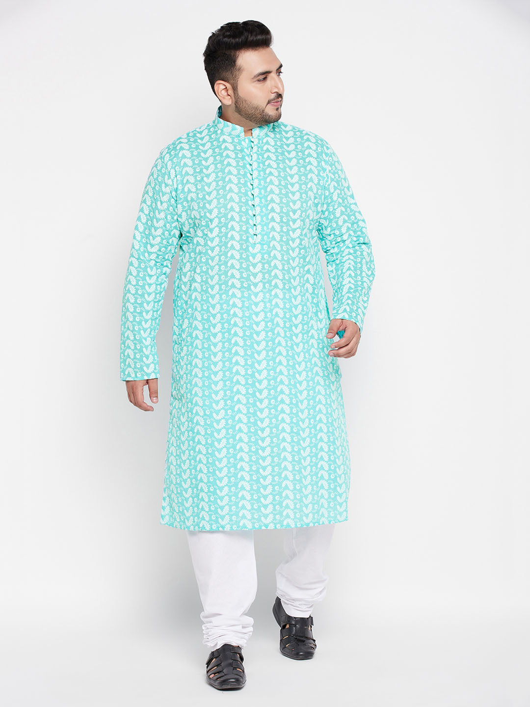 Men's Plus Size Green Chikankari Embroidered Kurta And White Pyjama Set