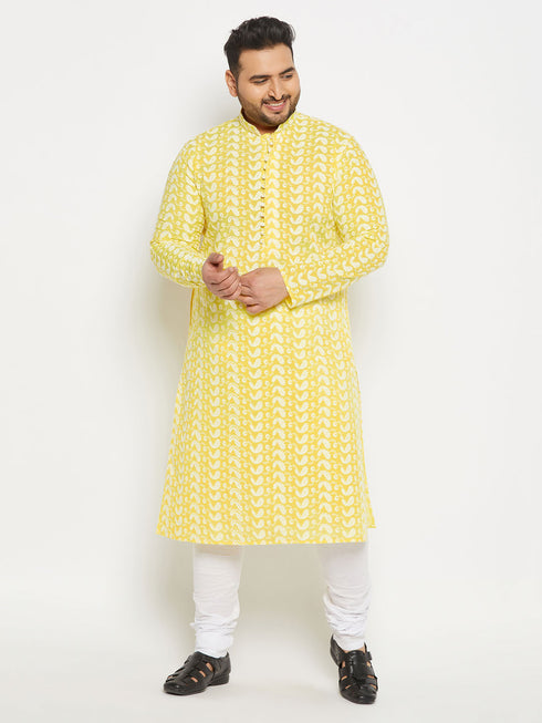 Men's Plus Size Mustard Chikankari Embroidered Kurta