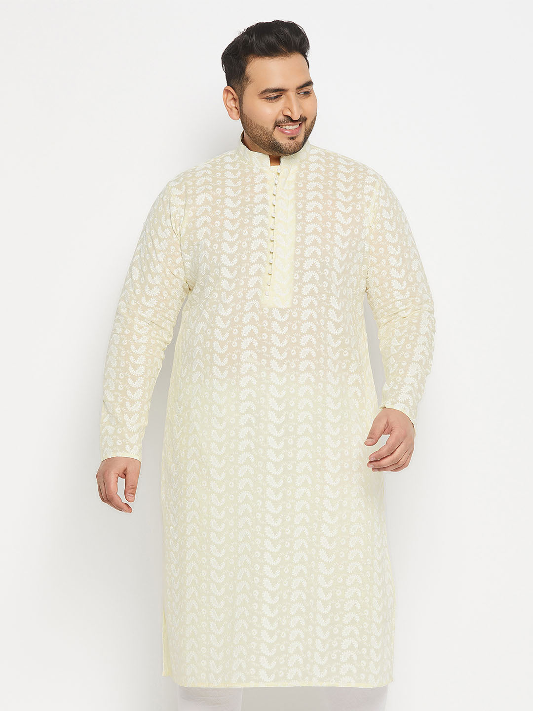 Men's Plus Size Yellow Chikankari Embroidered Kurta
