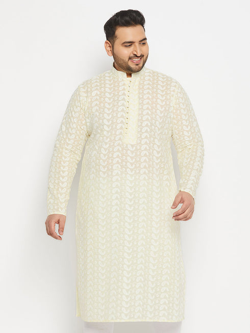 Men's Plus Size Yellow Chikankari Embroidered Kurta