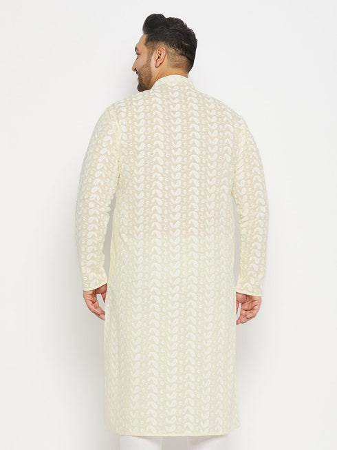 Men's Plus Size Yellow Chikankari Embroidered Kurta