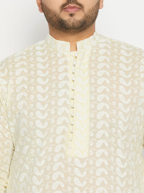 Men's Plus Size Yellow Chikankari Embroidered Kurta