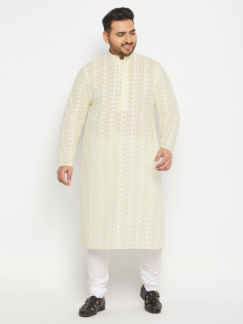 Men's Plus Size Yellow Chikankari Embroidered Kurta