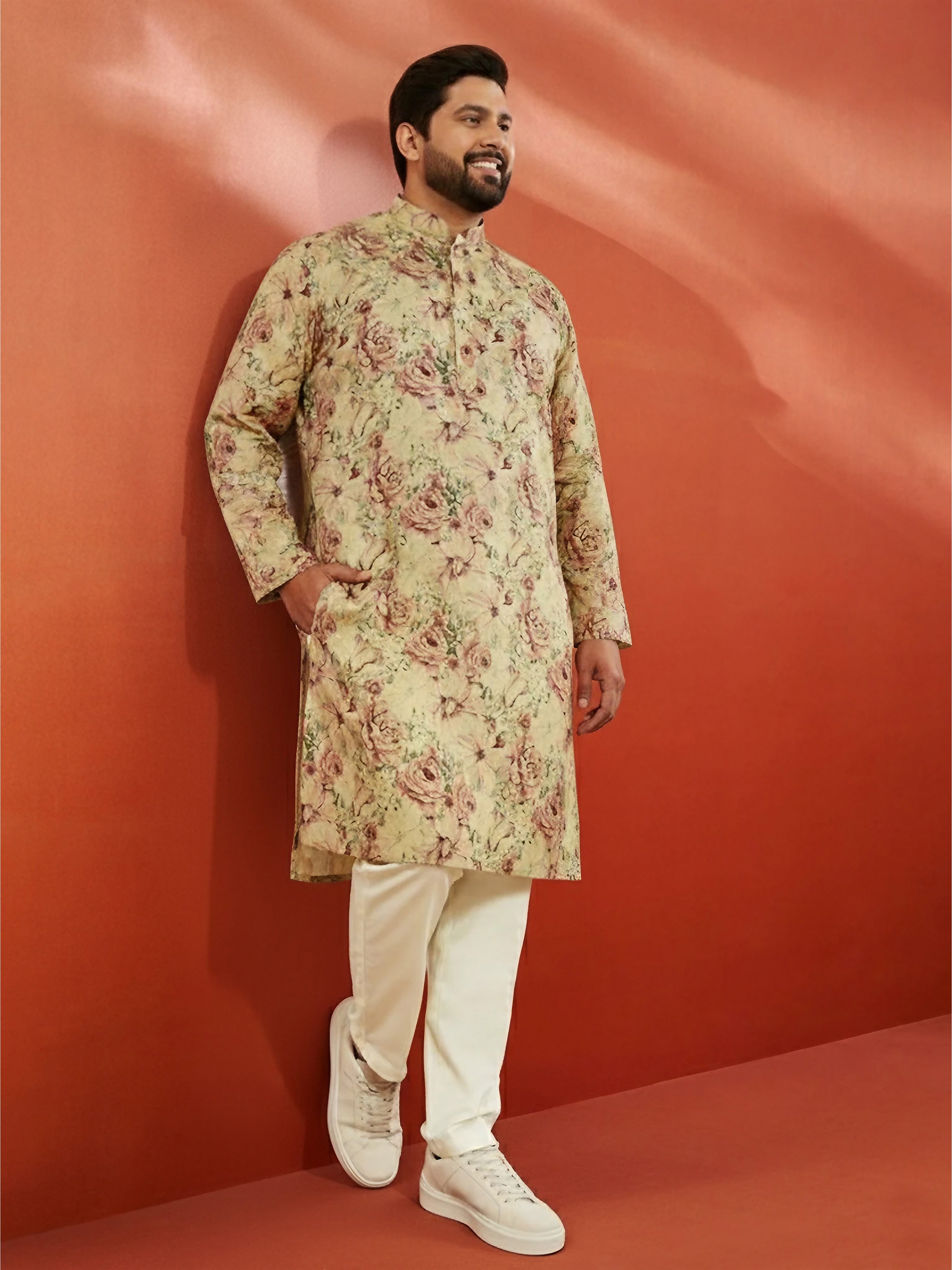 Men's Beige Printed Kurta with Cream Pyjama