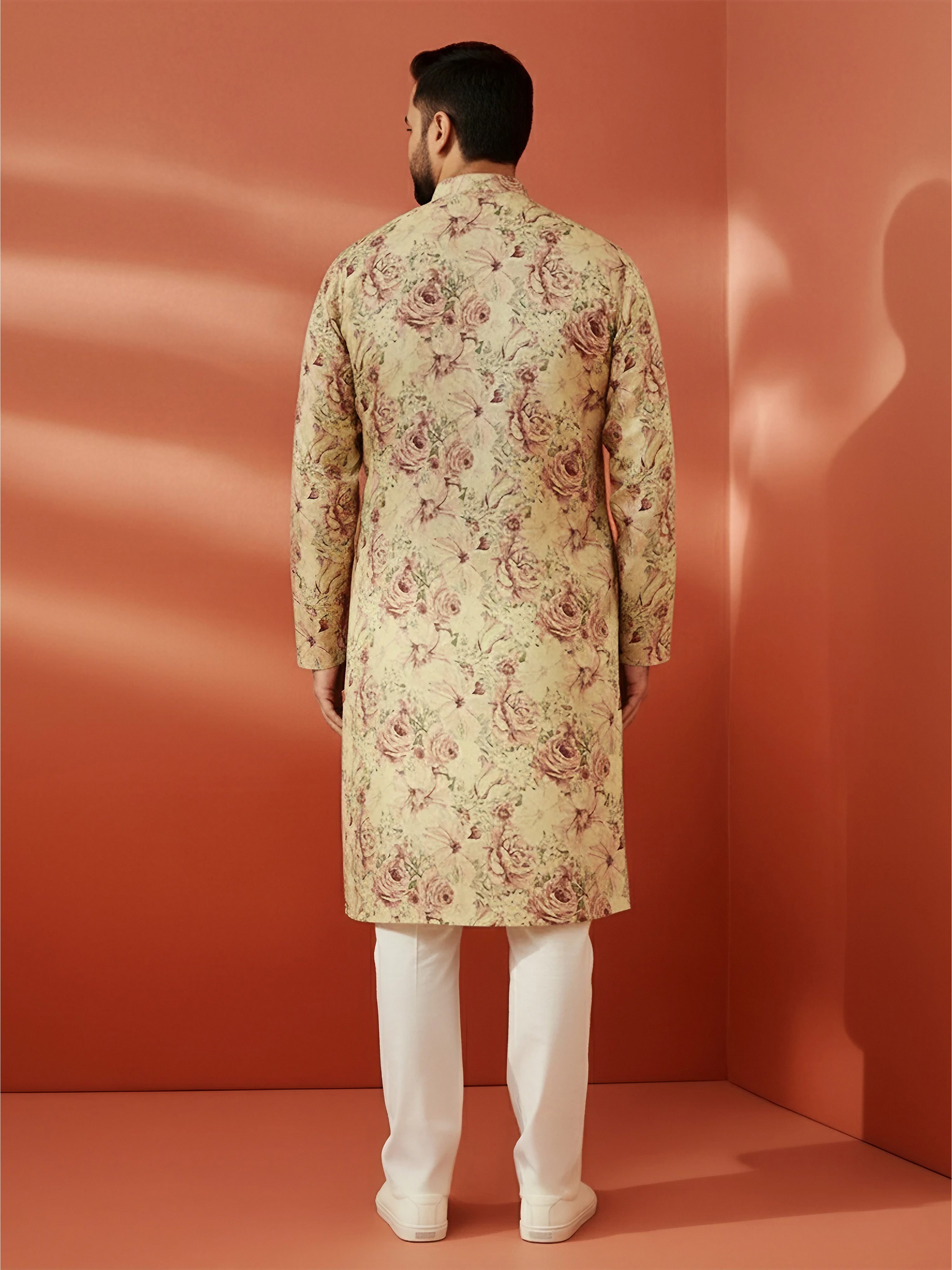 Men's Beige Printed Kurta with Cream Pyjama