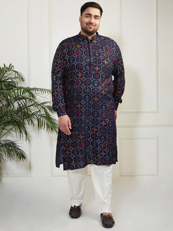 Plus Men's Blue And Cream Cotton Blend Kurta Pyjama Set