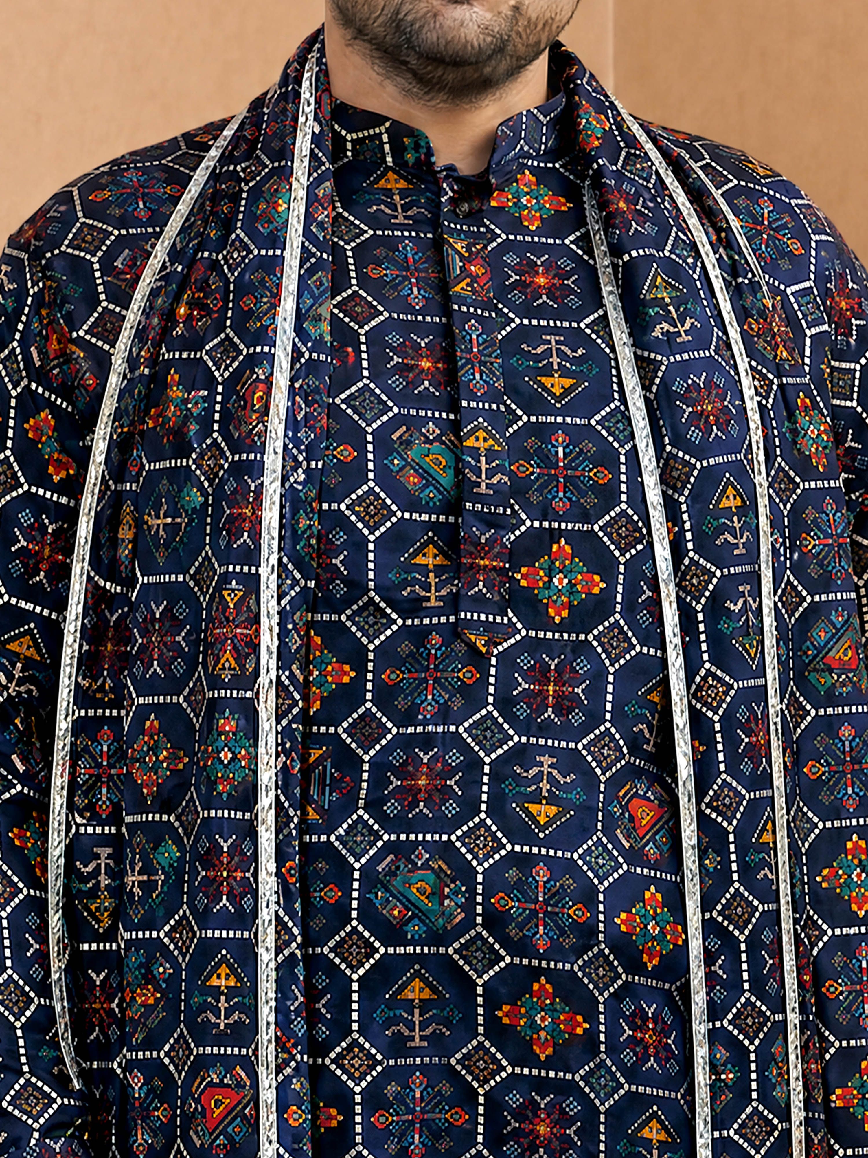 Men's Blue Silk-Blend Digital Print Knee Length Kurta and Pyjama with Dupatta