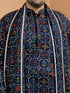 Men's Blue Silk-Blend Digital Print Knee Length Kurta and Pyjama with Dupatta