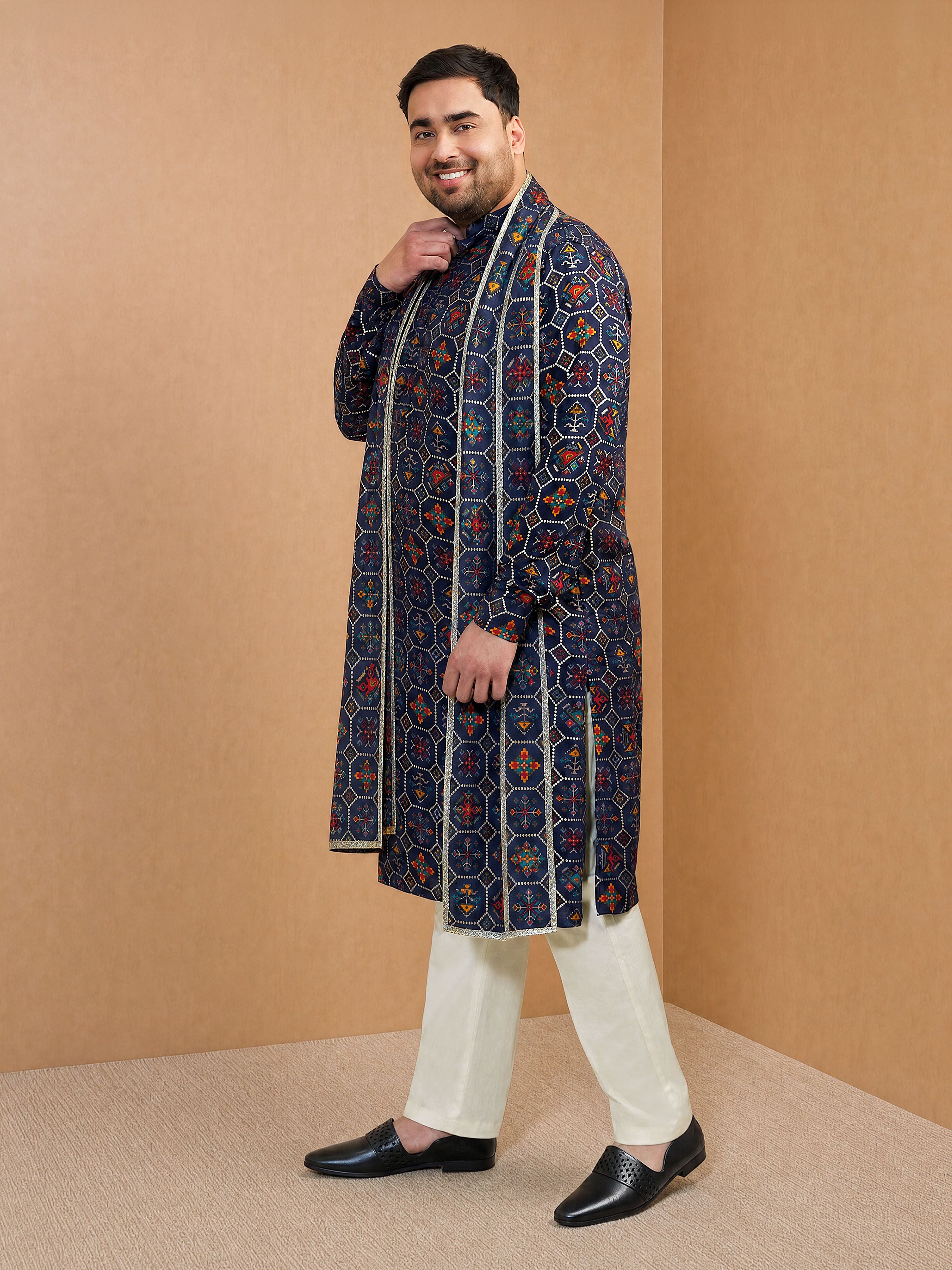 Men's Blue Silk-Blend Digital Print Knee Length Kurta and Pyjama with Dupatta