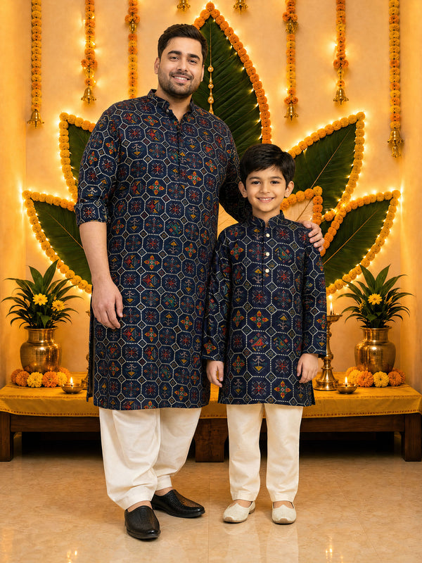 Plus Men's Blue And Cream Cotton Blend Kurta And Patiala Set