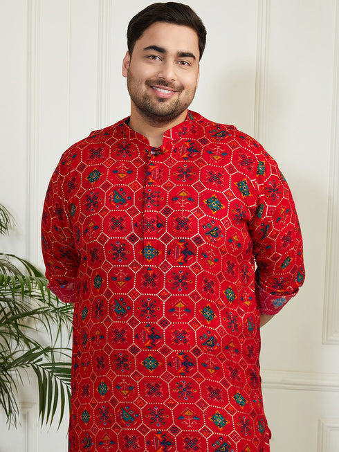 Plus Men's Red Cotton Blend Kurta