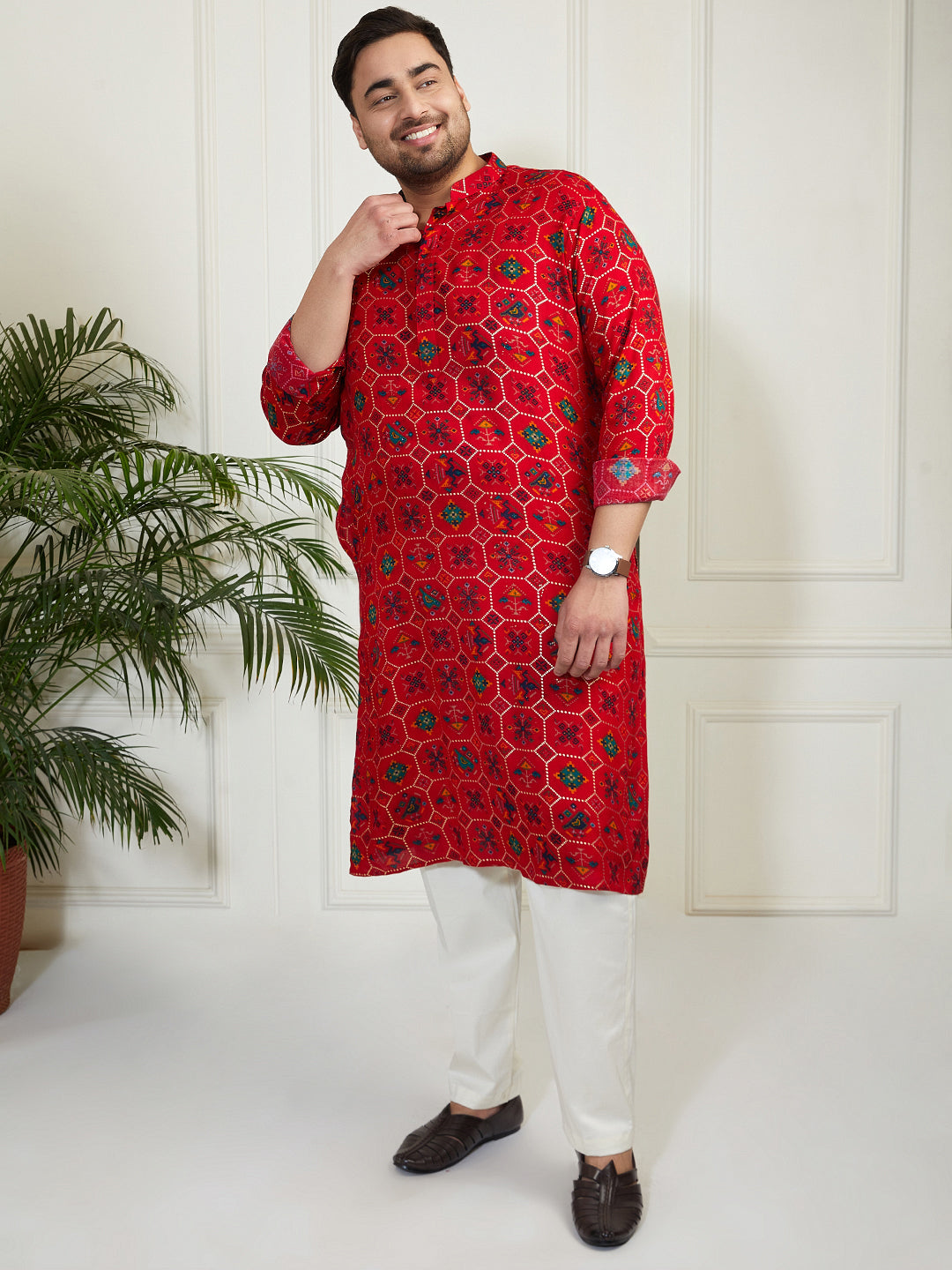 Plus Men's Blue And Cream Cotton Blend Kurta Pyjama Set