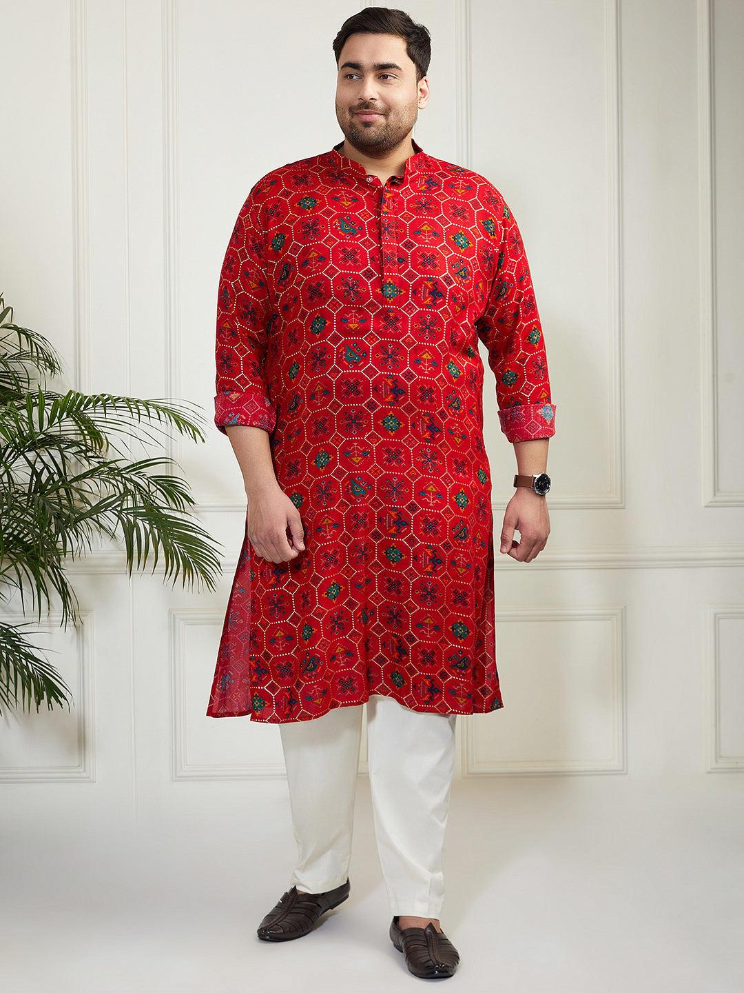 Plus Men's Blue And Cream Cotton Blend Kurta Pyjama Set