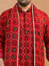 Men's Red Silk-Blend Digital Print Knee Length Kurta and Pyjama with Dupatta