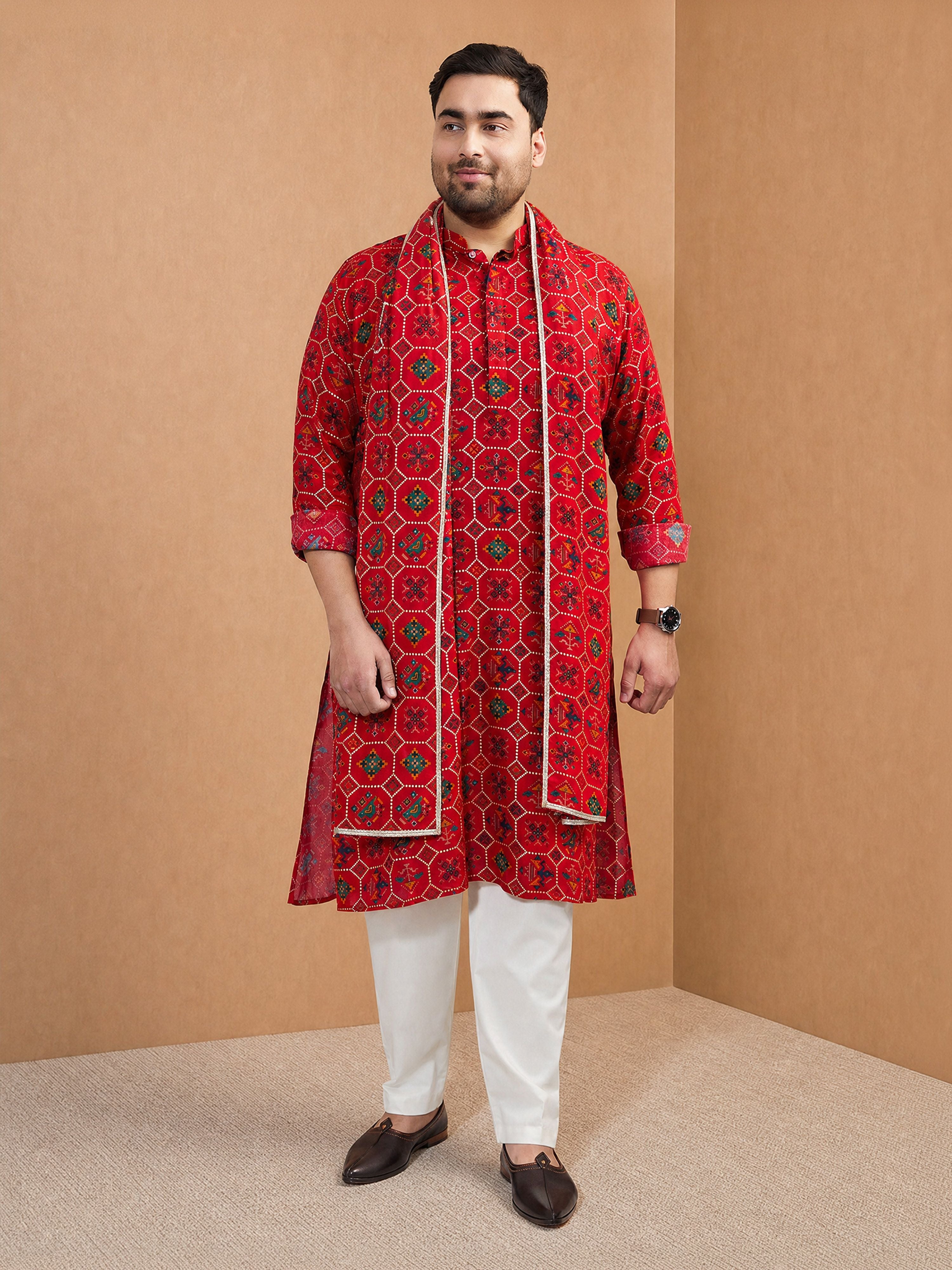 Men's Red Silk-Blend Digital Print Knee Length Kurta and Pyjama with Dupatta