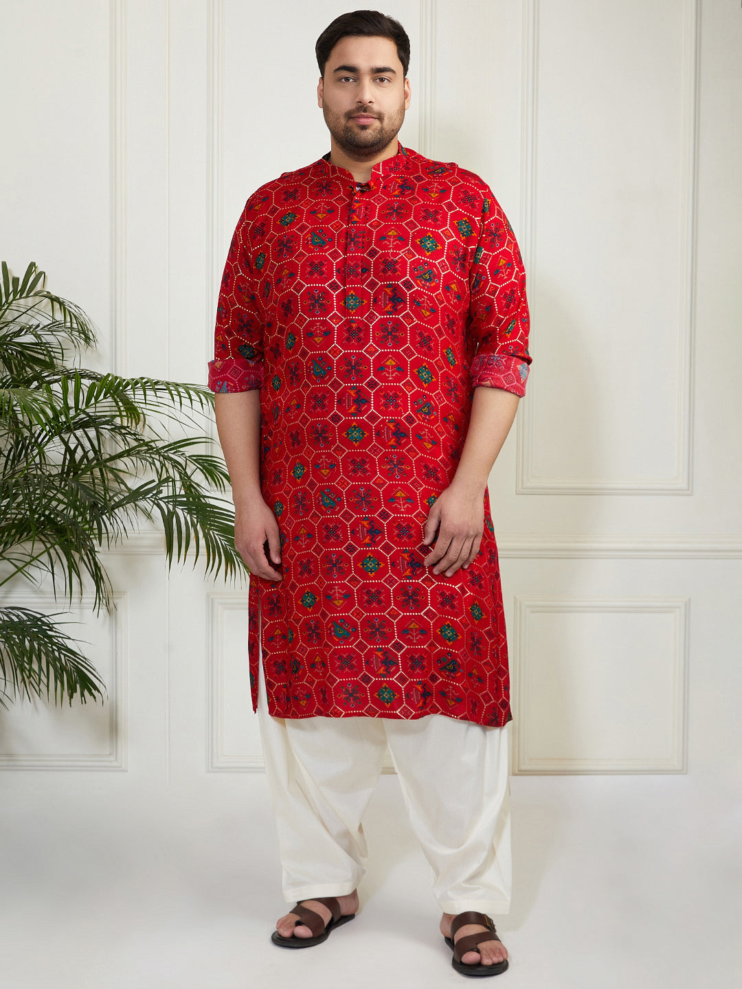 Plus Men's Blue And Cream Cotton Blend Kurta And Patiala Set