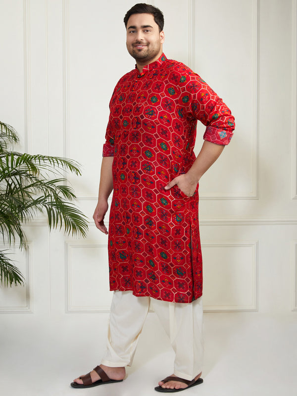 Plus Men's Blue And Cream Cotton Blend Kurta And Patiala Set