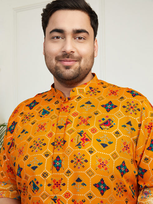 Plus Men's Yellow Cotton Blend Kurta