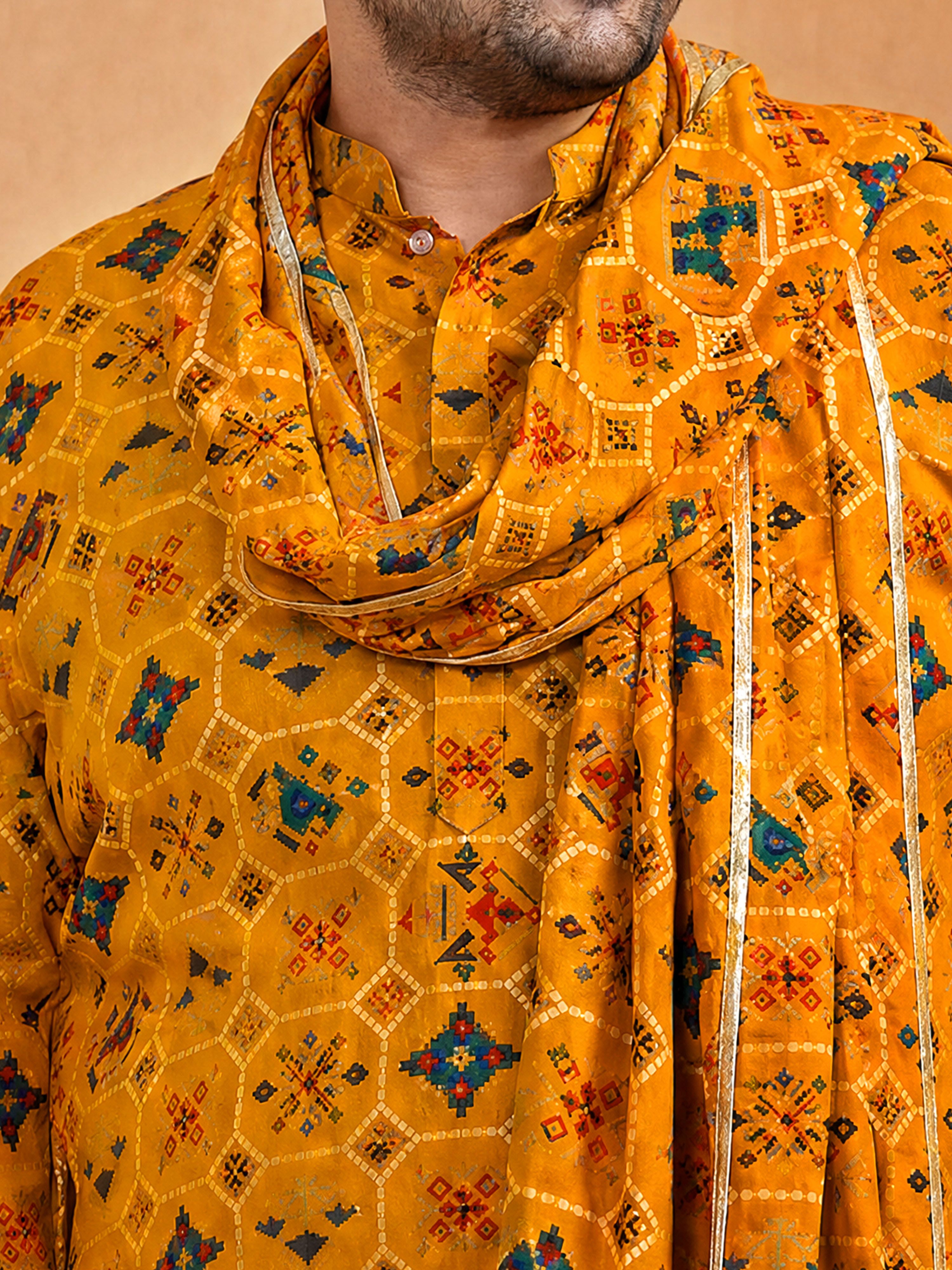 Men's Yellow Silk-Blend Digital Print Knee Length Kurta and Pyjama with Dupatta