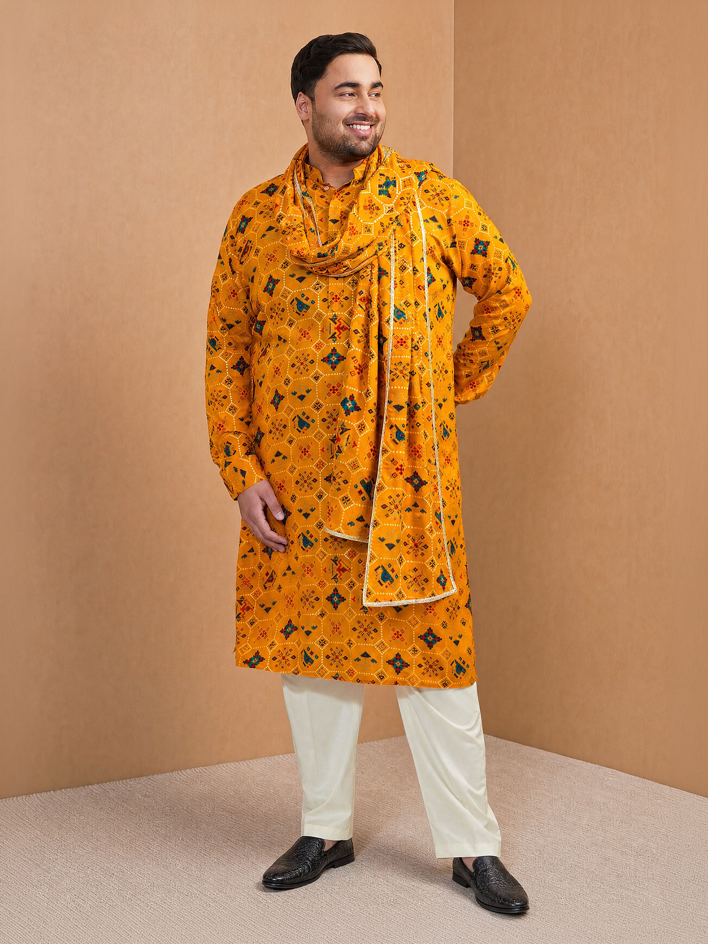 Men's Yellow Silk-Blend Digital Print Knee Length Kurta and Pyjama with Dupatta