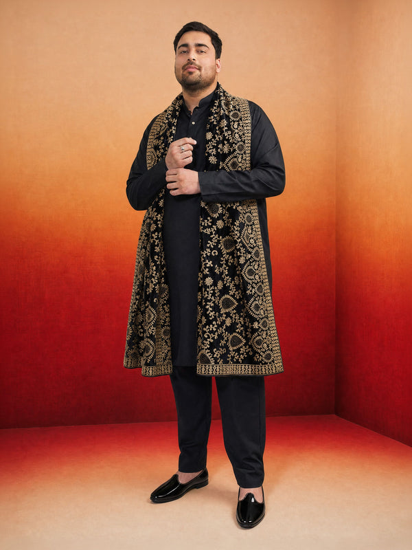 Men Black Viscose Kurta & Trouser with Dupatta Festive Ethnic Wear