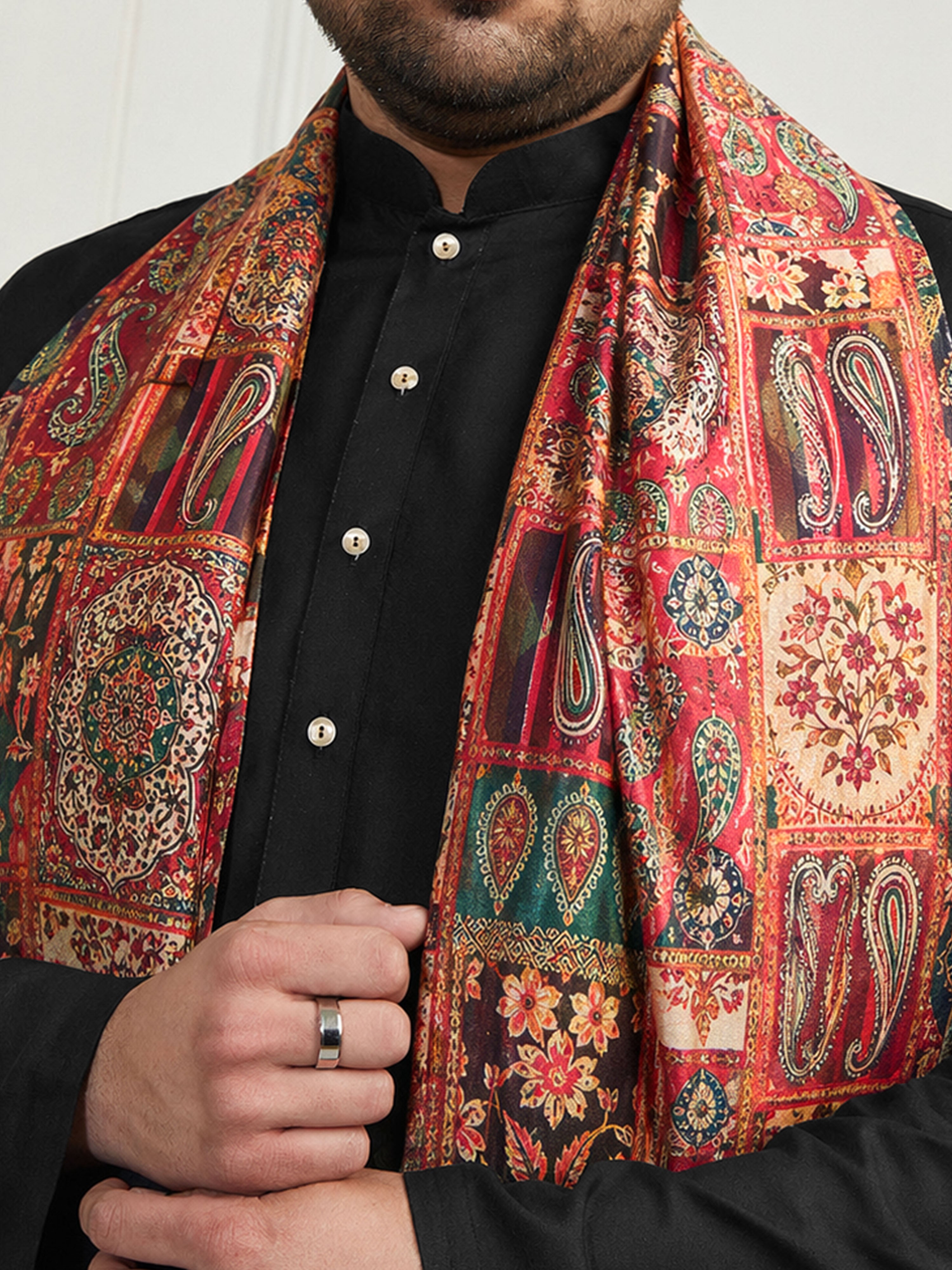 Men's Black Silk Blend Solid Thigh Length Kurta Pant Set with Pyjama