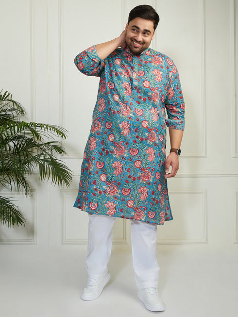 Plus Men's Aqua Cotton Kurta