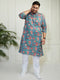 Plus Men's Aqua And White Cotton Kurta Pyjama Set