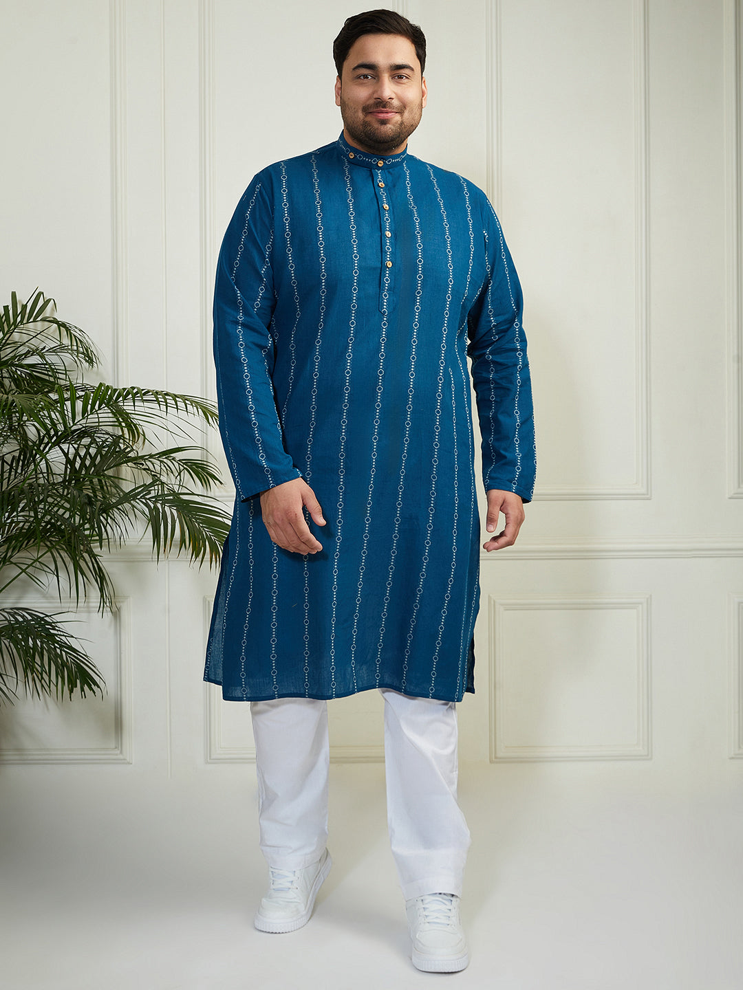 Plus Men's Indigo Blue Cotton Kurta Pyjama Set