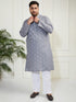 Plus Men's Grey And White Cotton Kurta Pyjama Set