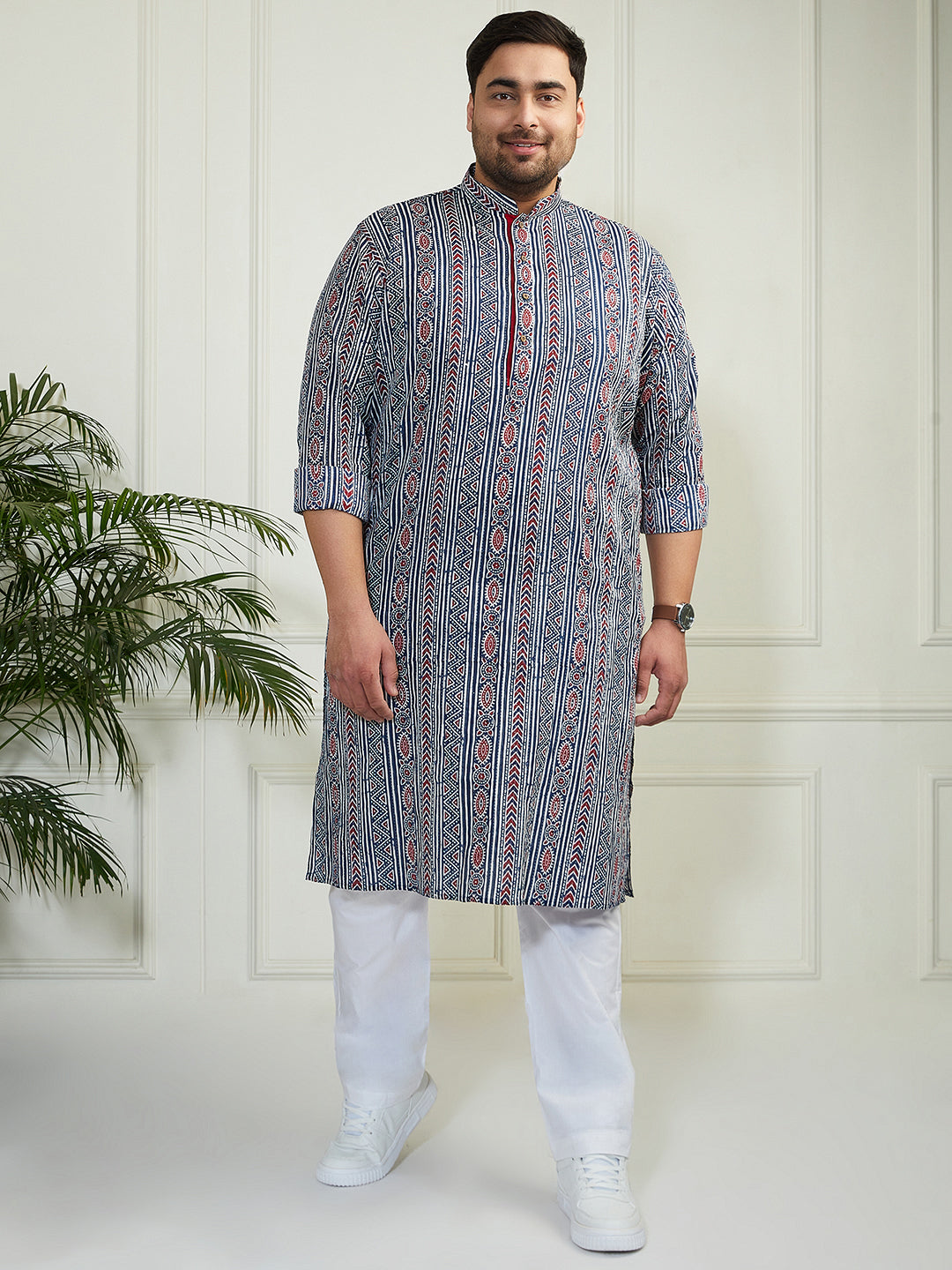 Plus Men's Indigo Blue White Cotton Kurta Pyjama Set