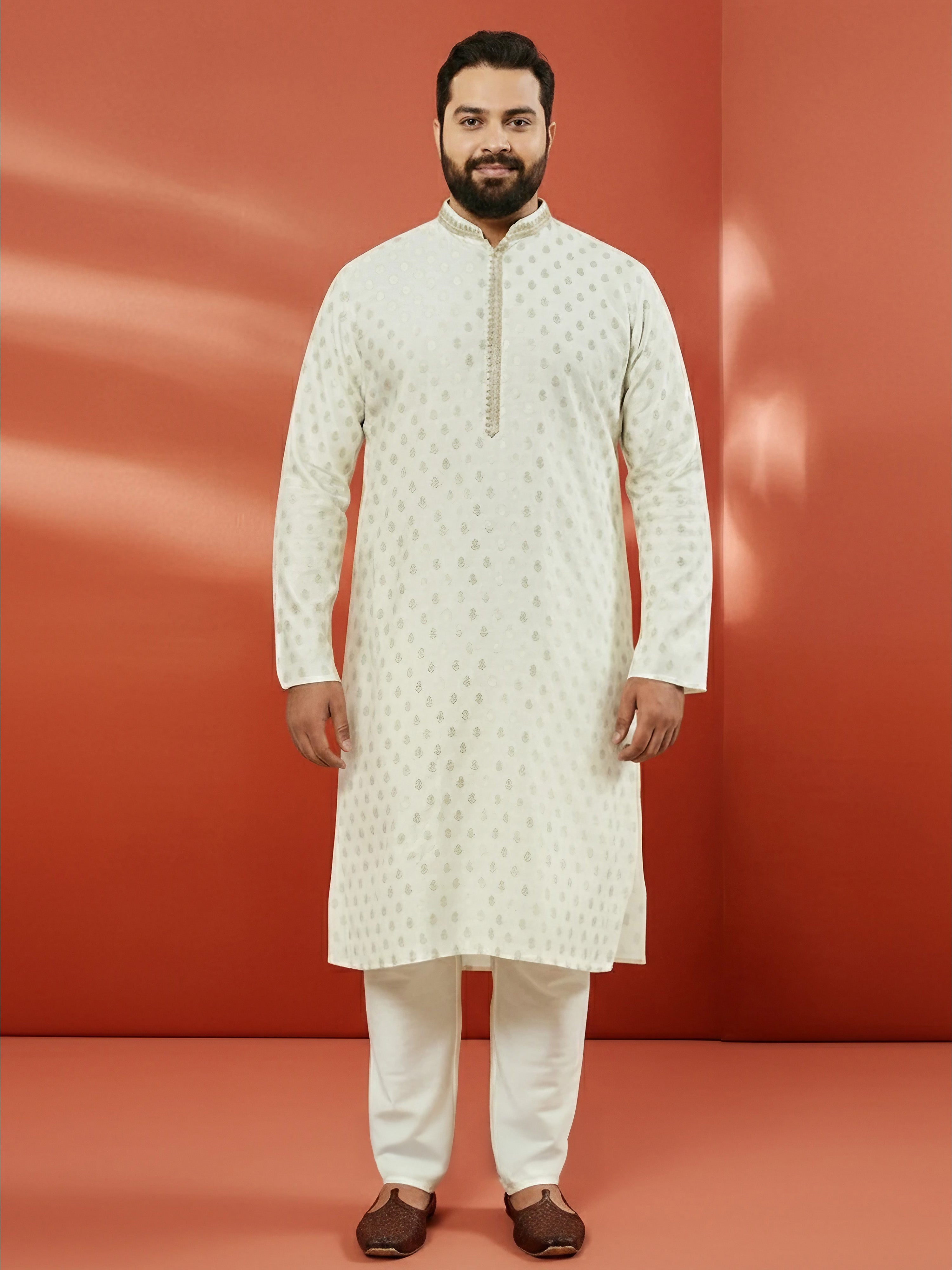 Men's Cream Silk Jacquard Kurta with Pyjama