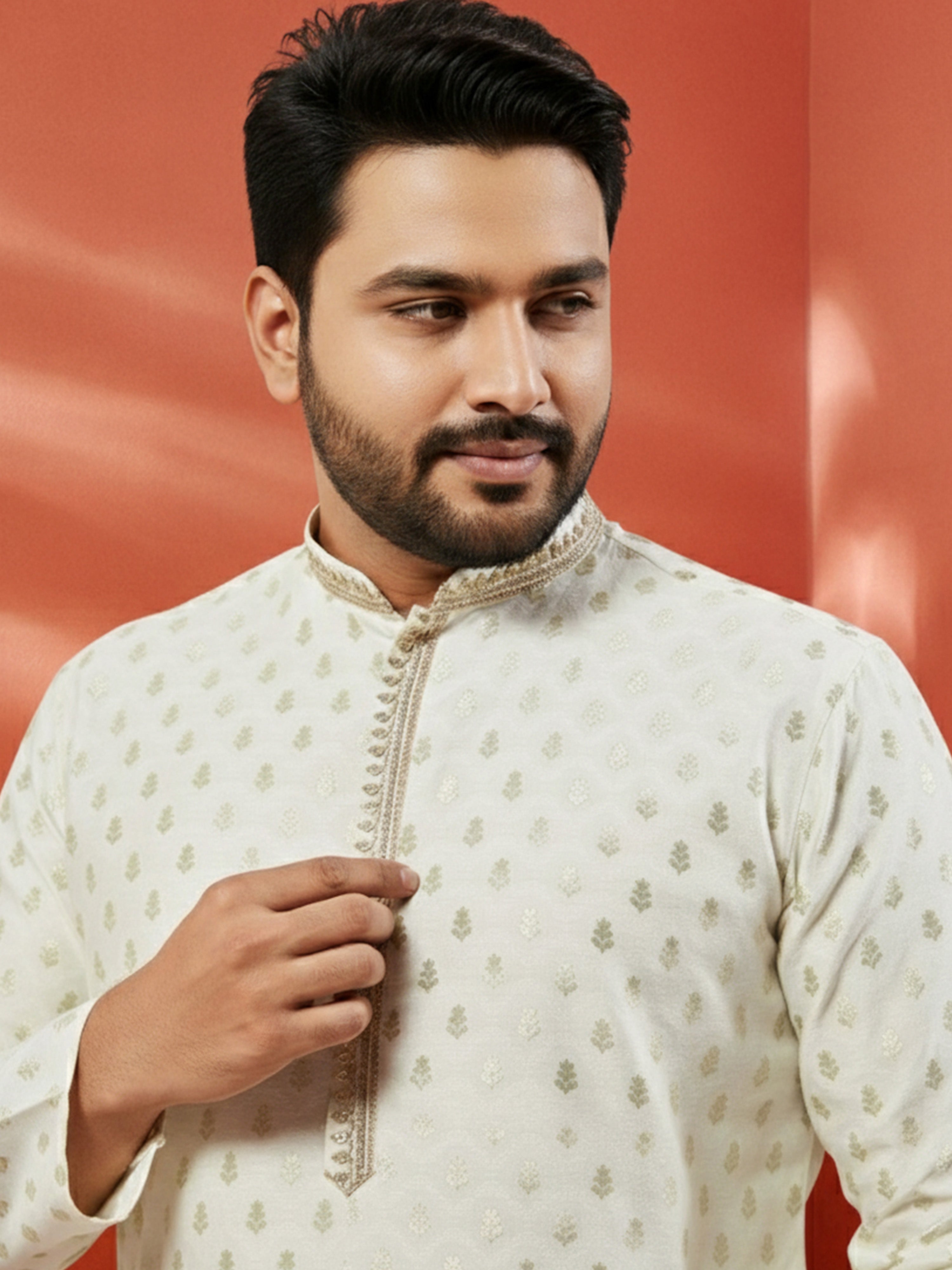 Men's Cream Silk Jacquard Kurta with Pyjama