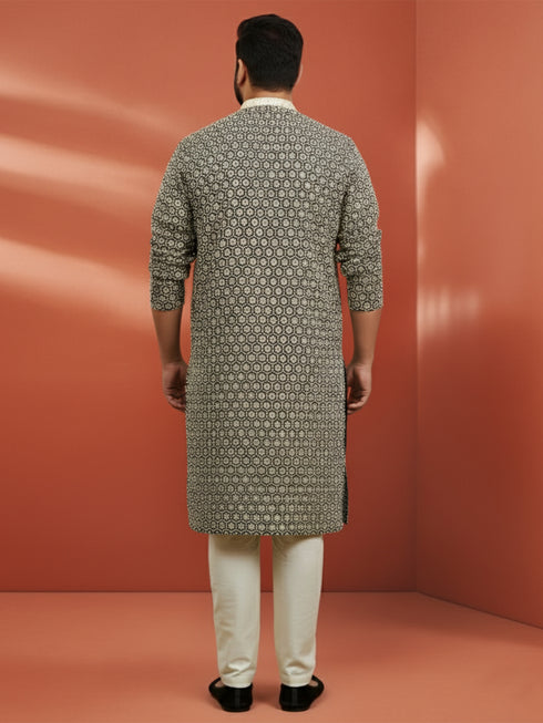 Men's Black Sequin Kurta with Cream Trousers
