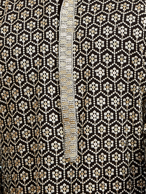 Men's Black Sequin Kurta with Cream Trousers