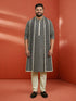 Men's Black Geometric Printed Zari Work Thigh-Length Kurta Dupatta Set with Pyjama