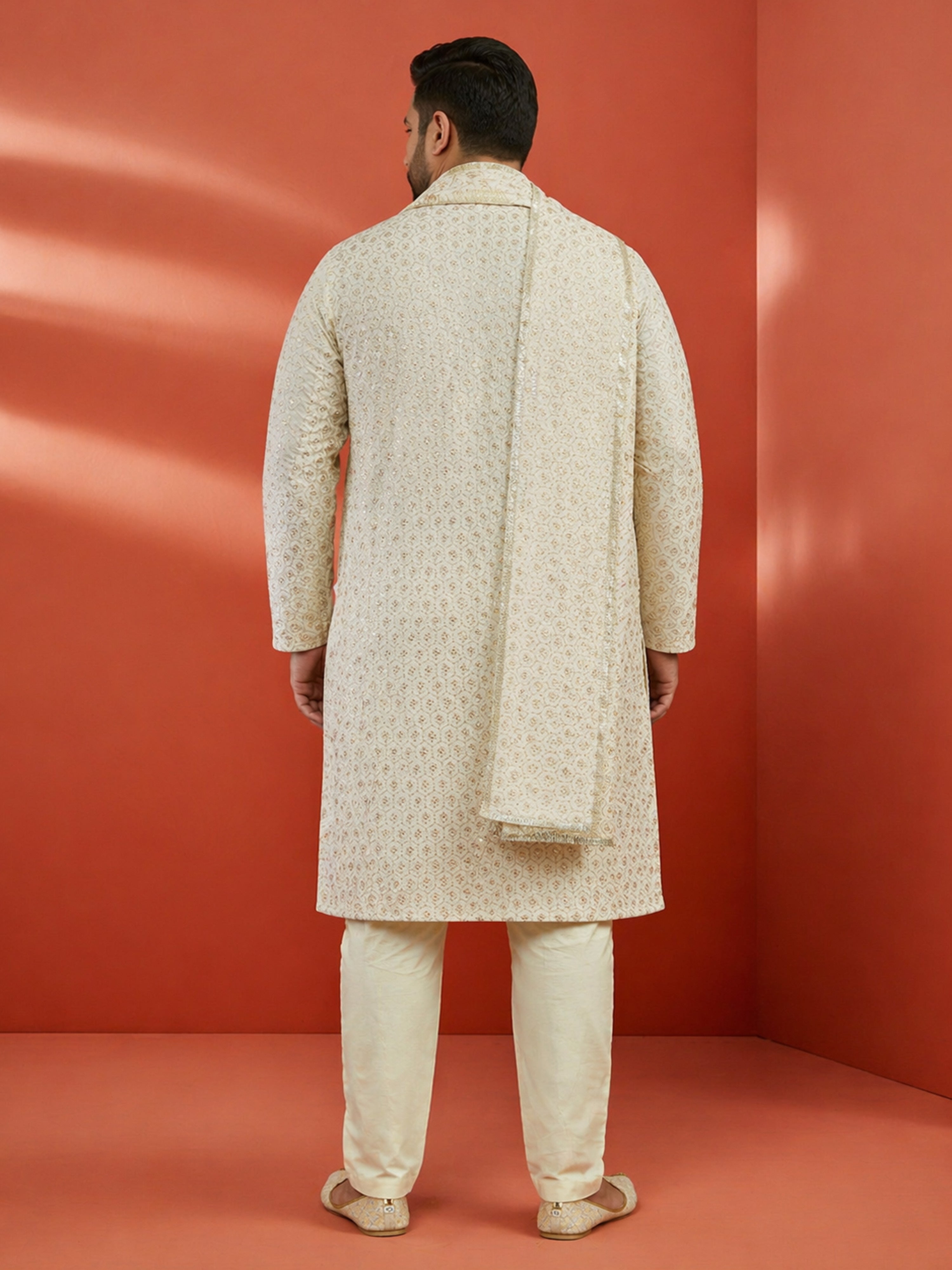 Men's Off-White Rayon Geometry Thigh Length Kurta Pant Set with Pyjama