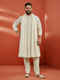 Men's Cream Geometric Printed Zari Work Thigh-Length Kurta Dupatta Set with Pyjama