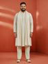 Men's Cream Geometric Printed Zari Work Thigh-Length Kurta Dupatta Set with Pyjama