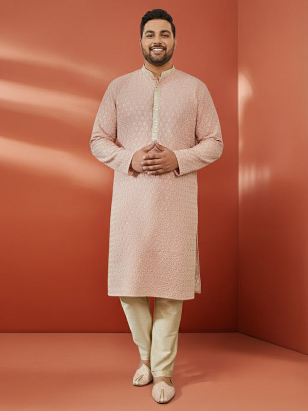 Men's Peach Sequin Embroidered Kurta with Cream Pant