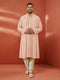 Men's Peach Geometric Printed Zari Work Thigh-Length Kurta with Pyjama and Dupatta